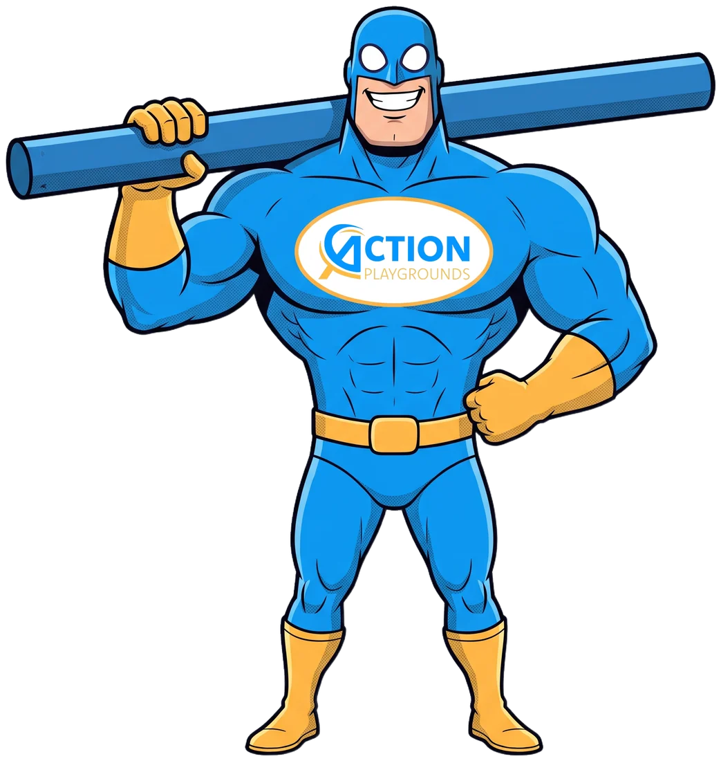 Action Playgrounds’ superhero mascot in his blue suit, gold gloves and boots, with the company logo on his chest, carrying a blue playground post on his shoulder