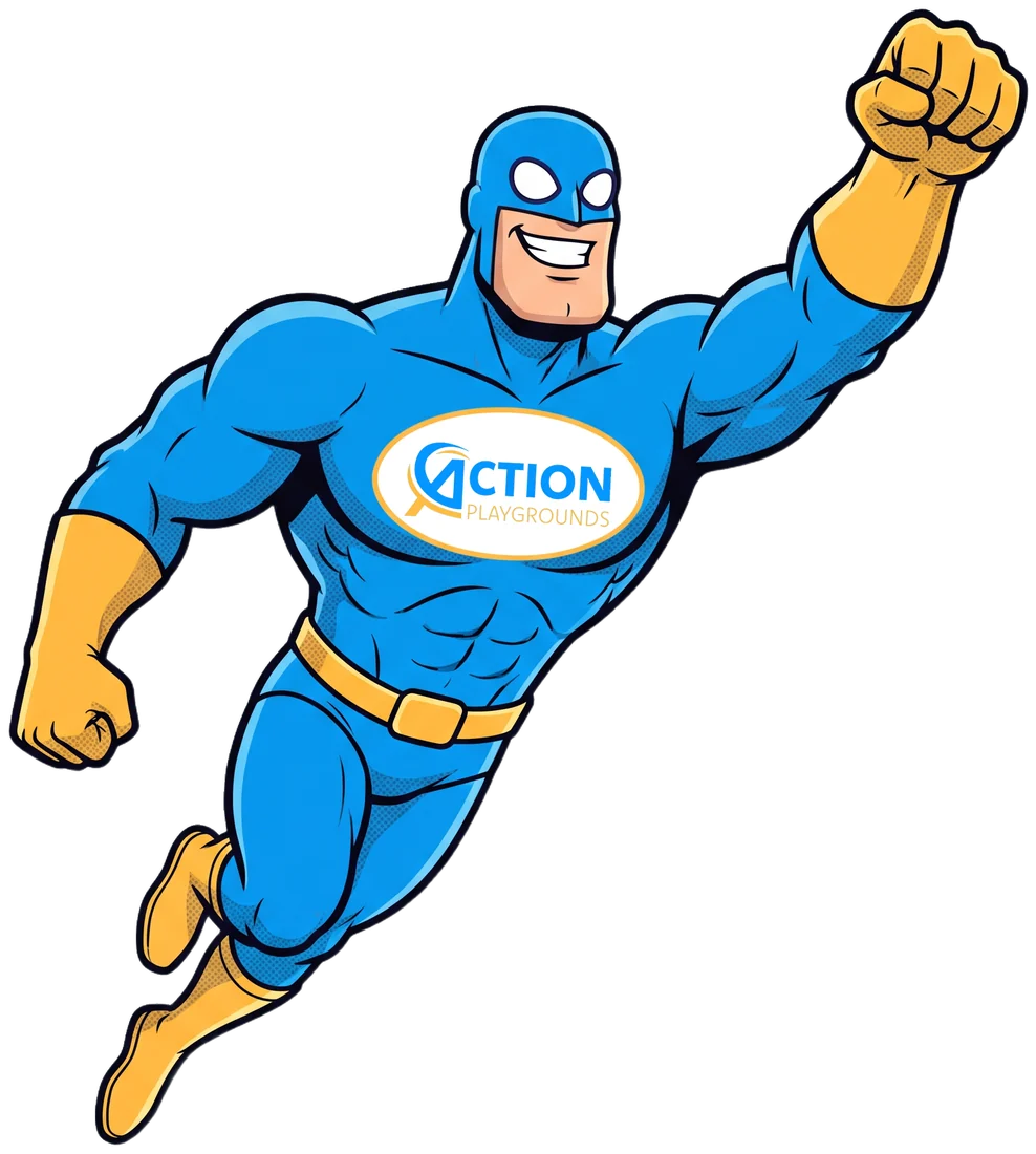 Action Playgrounds’ superhero mascot in his blue suit, gold gloves and boots, with the company logo on his chest, flying with one fist raised