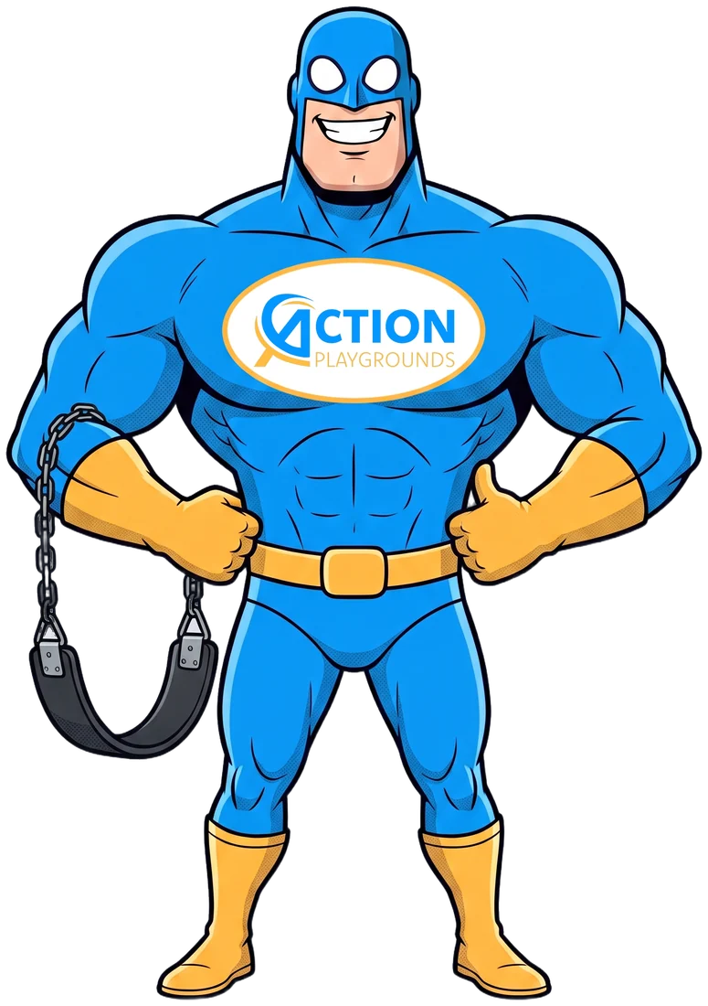 Action Playgrounds’ superhero mascot in his blue suit, gold gloves and boots, with the company logo on his chest, holding a new swing seat on its chains