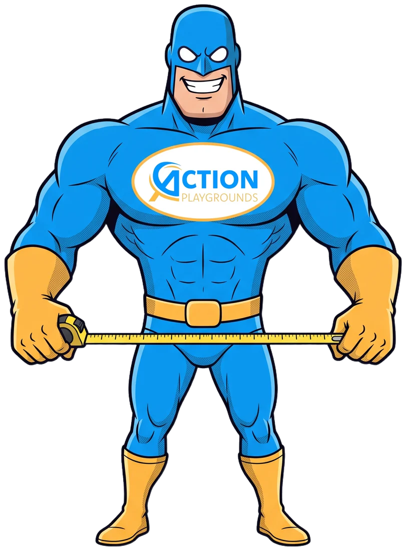 Action Playgrounds’ superhero mascot in his blue suit, gold gloves and boots, with the company logo on his chest, stretching out a tape measure