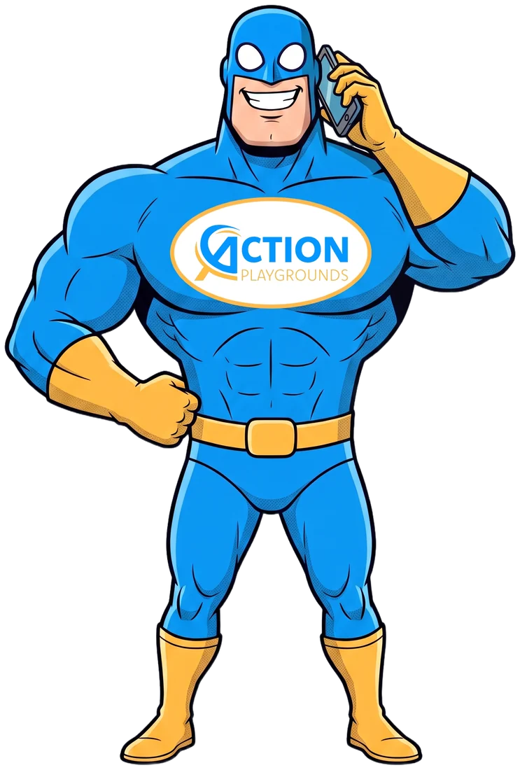 Action Playgrounds’ superhero mascot in his blue suit, gold gloves and boots, with the company logo on his chest, talking on the phone