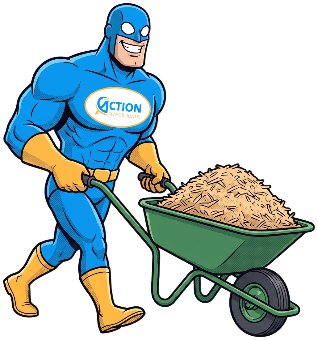 Action Playgrounds’ superhero mascot in his blue suit, gold gloves and boots, with the company logo on his chest, pushing a wheelbarrow of wood fiber
