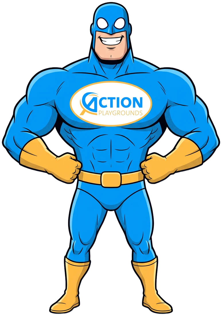Action Playgrounds’ superhero mascot in his blue suit, gold gloves and boots, with the company logo on his chest, standing with his fists on his hips