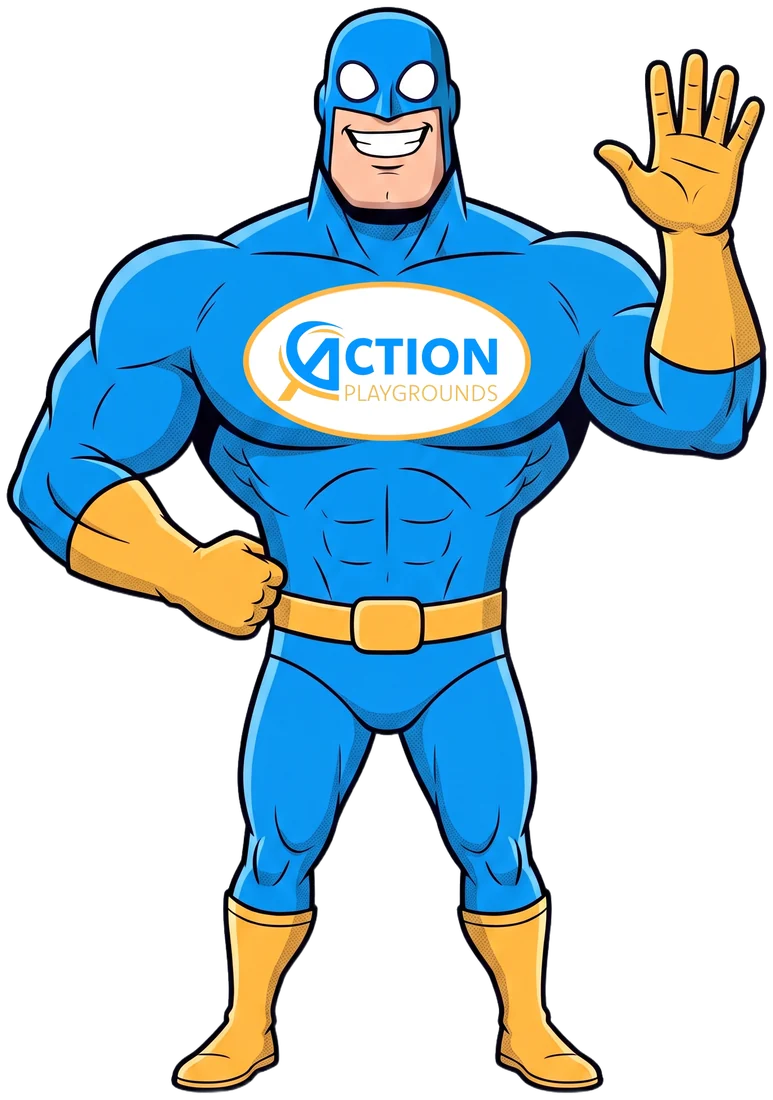 Action Playgrounds’ superhero mascot in his blue suit, gold gloves and boots, with the company logo on his chest, waving hello