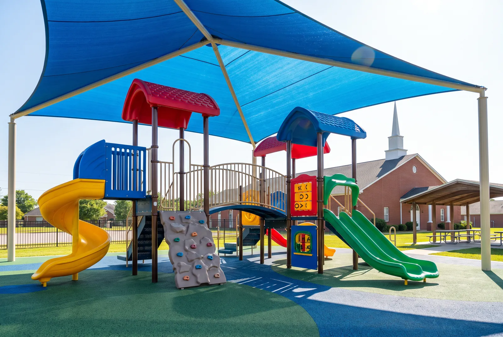 A church playground with red and blue roofs, a yellow spiral slide, a green double slide and a climbing wall under blue shade sails beside a brick church