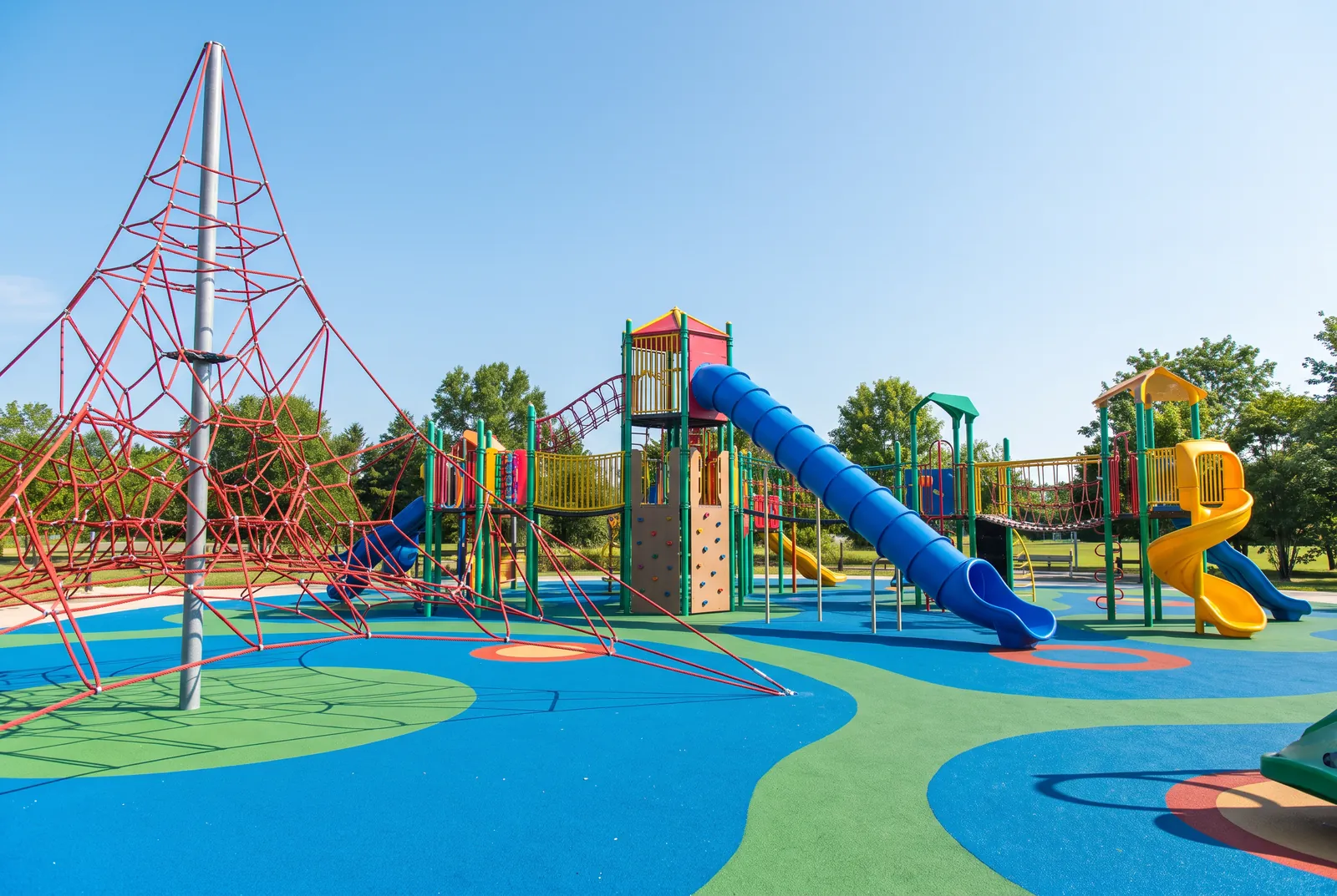 A city park playground with a tall red rope-net climbing tower, a long blue tube slide and a yellow spiral slide on blue and green poured rubber