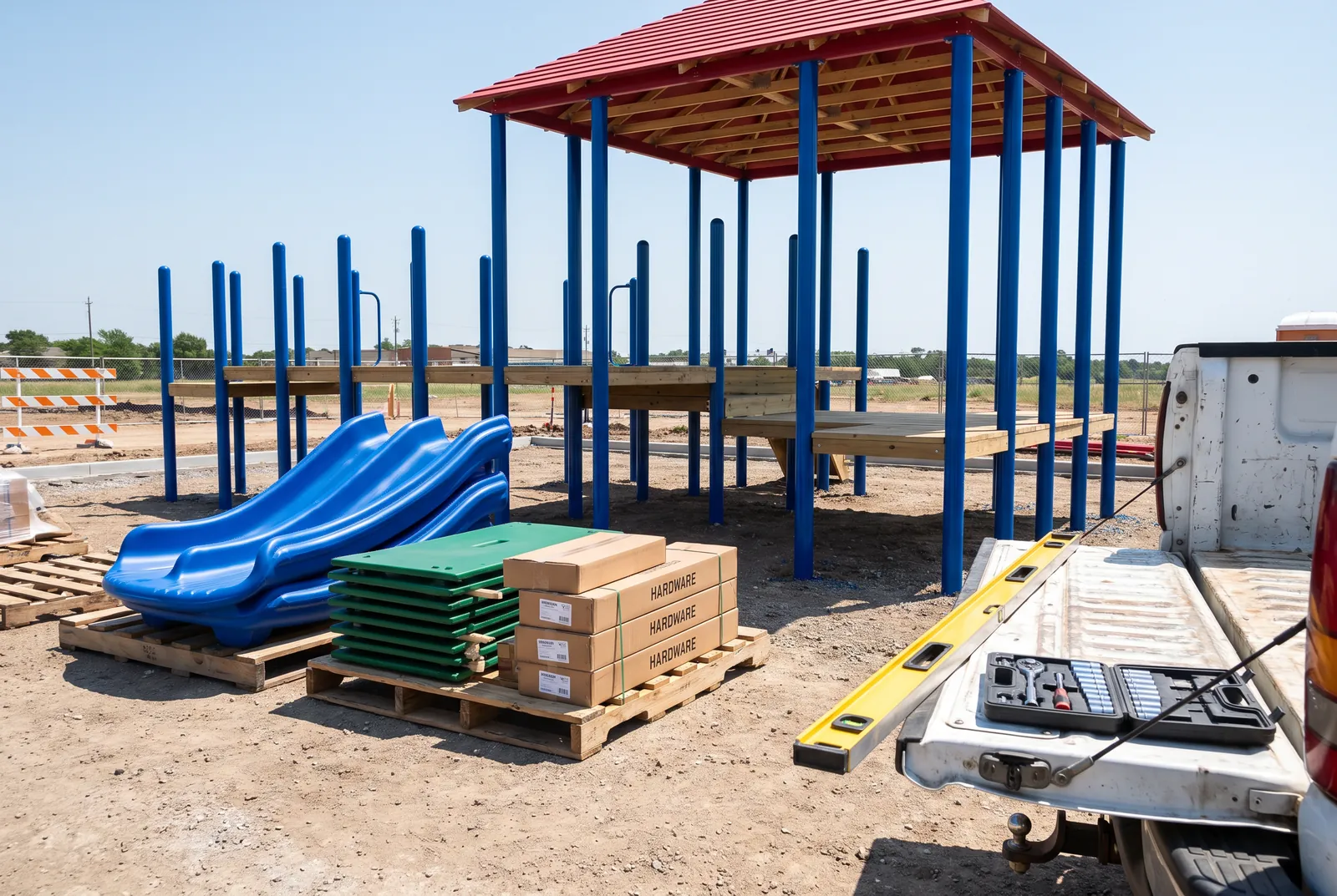 A play structure half assembled on blue posts, with slides, deck panels and boxed hardware staged on pallets beside it