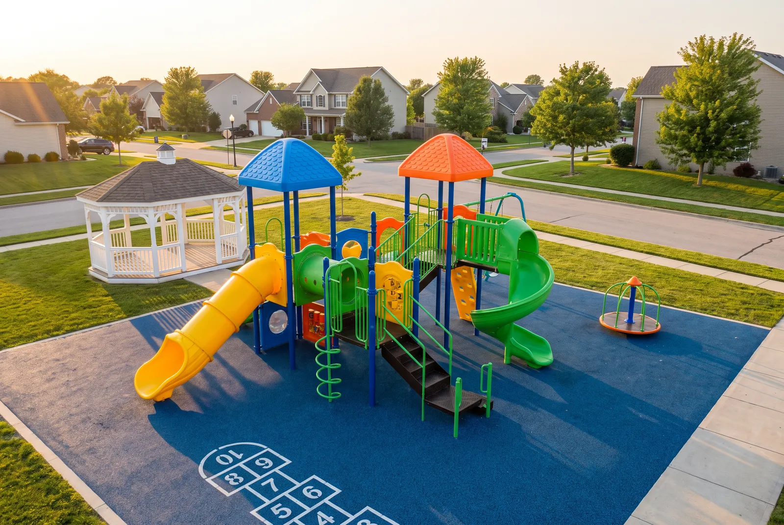 A subdivision pocket park with a play structure under blue and orange roofs, yellow and green slides and a spinner beside a white gazebo