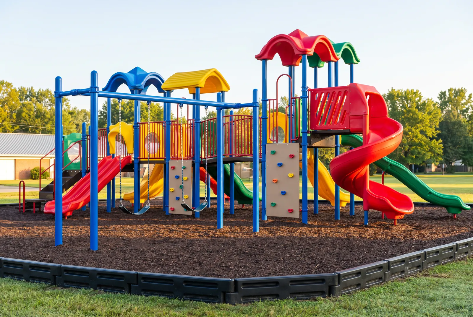 A freshly refurbished playground with repainted blue posts, glossy red, yellow and green slides, a climbing wall and freshly raked wood fiber