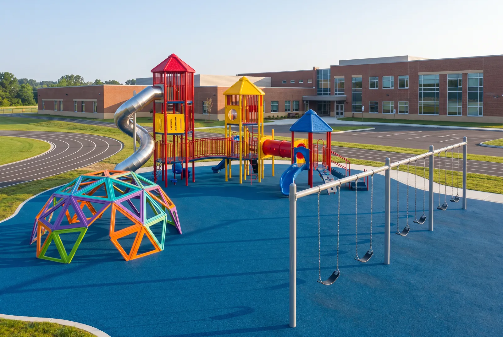 A school playground with a rainbow climbing dome, a play structure with a tall spiral slide and a row of swings beside the running track